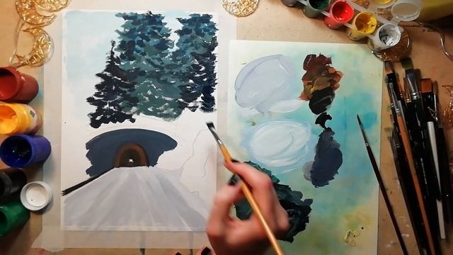 Рисуем зимний пейзаж тоннель в горах заснеженные ели гуашью #МарияУсович #mariusovichruart смотреть онлайн