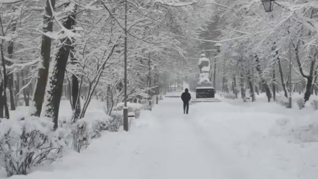 город  Остров - снег идет