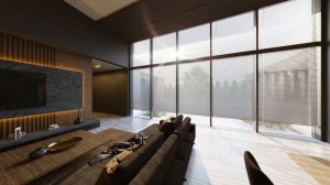 Интерьер современного одноэтажного дома с двухсветным пространством | панорама 360