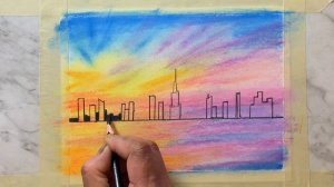 Skyline drawing tutorial, oil pastel drawing new york city