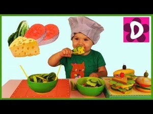 ✿ Готовим Игрушечные Бутерброды и Салат Распаковка Набора Toy Kitchen Burger salad Djeco