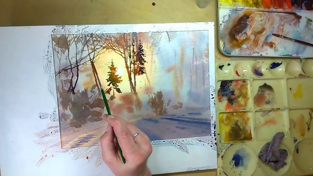 Акварельный пейзаж зимнего леса с утрированным солнечным контражуром.