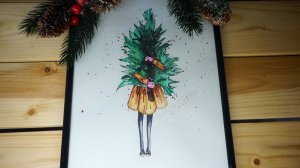 РИСУЕМ НОВОГОДНИЙ ПОСТЕР ДЕВУШКА С ЁЛКОЙ В ДЕТСКУЮ КОМНАТУ