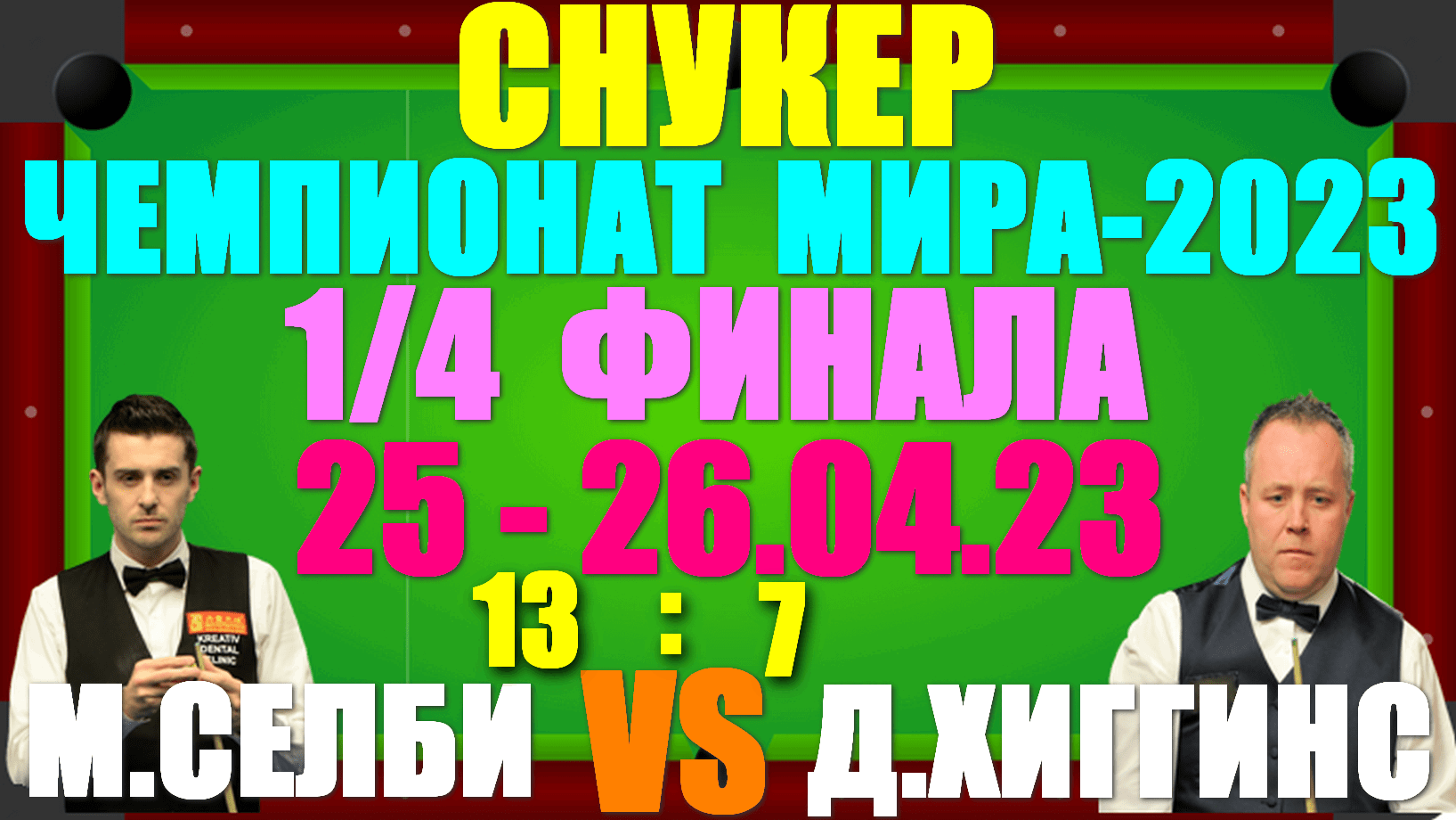 Снукер/Snooker: Чемпионат Мира-2023. 1/4 финала: 25-26.04.23. Джон Хиггинс 7:13 Марк Селби