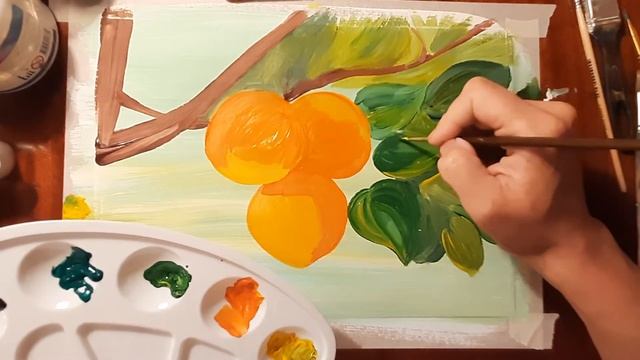 Рисуем персики на дереве красками гуашь. Мастер класс по правополушарному рисованию.