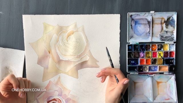 Роза акварелью, воздушные мазки и техника лессировки
