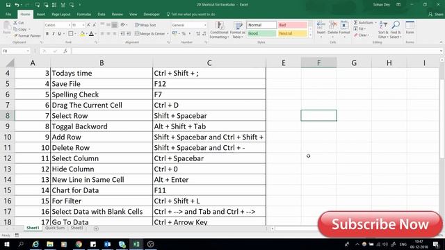 Top 20 Excel Shortcut In Hindi 2018 - 2019 ! Advanced excel with KeyboardShortcut