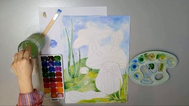 Рисуем домики в грибах! Уроки рисования для детей 6-8 лет. Акварель. Веселые грибочки! Видео уроки смотреть онлайн