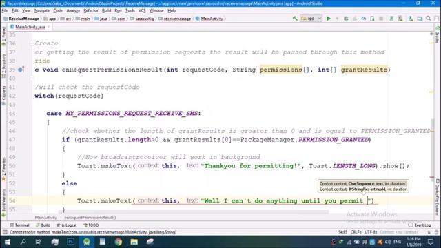 Receive / Read Sms Message in Android using BroadcastReceiver |Android App Development video#24