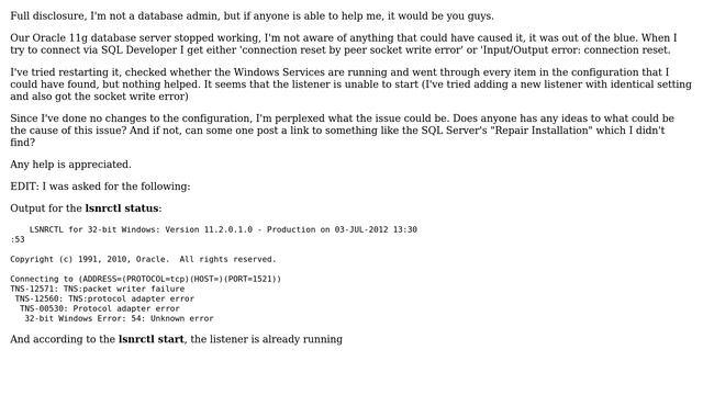 Databases: Oracle server connection reset by peer socket write error смотреть онлайн