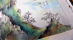 Oriental mountains silk painting graphic elements batik Process drawing landscape glass tube gutta