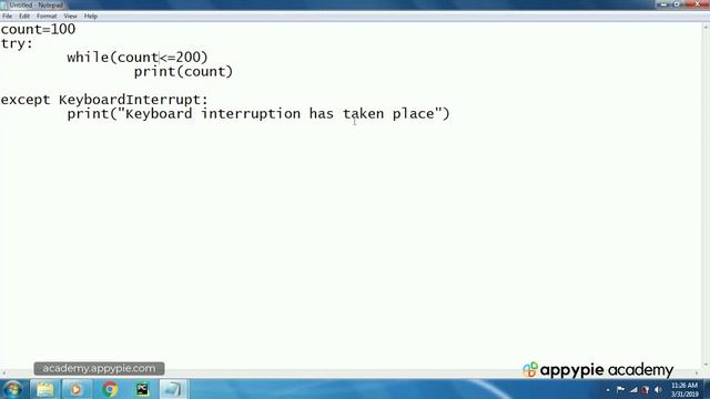 Example of KeyboardInterrupt exception - Lesson 131