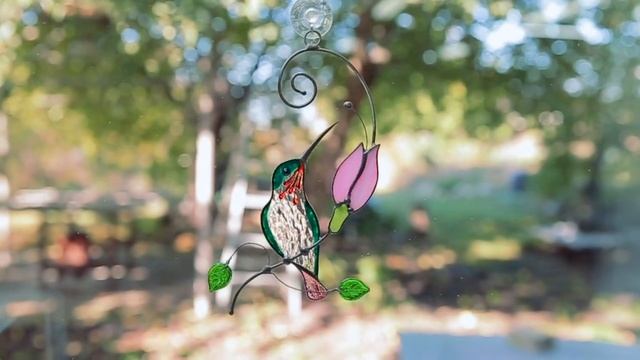 Stained Glass Hummingbird with Flower