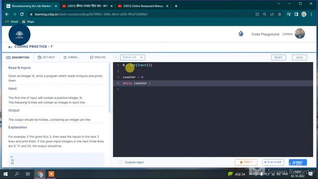 Given an integer n write a program which reads n inputs and prints the sum of given input integers