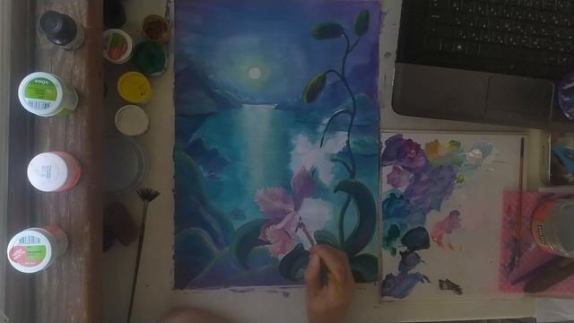 Орхидея на фоне пейзажа, гуашь 2часть смотреть онлайн