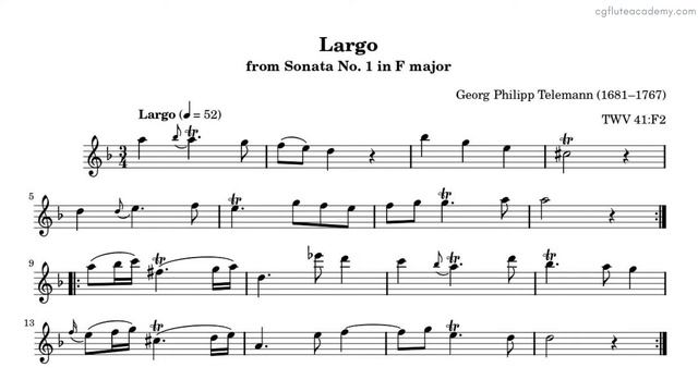 Telemann – Largo from Sonata No.1 in F major ♩=48 (Slower) Flute & Piano midi смотреть онлайн