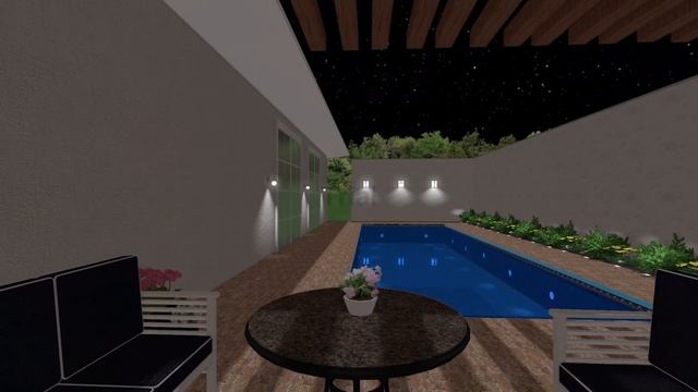 Ландшафтный дизайн и дизайн освещения для патио с бассейном в Испании. 3D визуализация. Ночь. смотреть онлайн