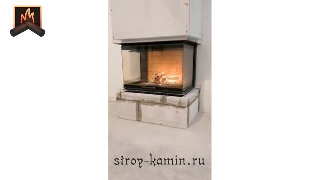 Отделка трехстороннего камина мрамором - топка АСТОВ ПЗС 8457 с шамотом в декоративном коробе Silca смотреть онлайн