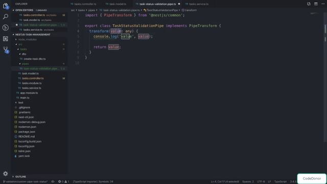 Lecture 27. Custom Pipe Validating the Task Status | API | Modern TypeScript | Master NestJS (2021)