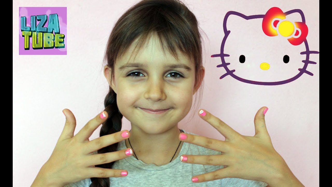 Включи видео как делать детям. Маникюр hello Kitty. Маникюр с Хеллоу Китти. Детские ногти с hello Kitty.