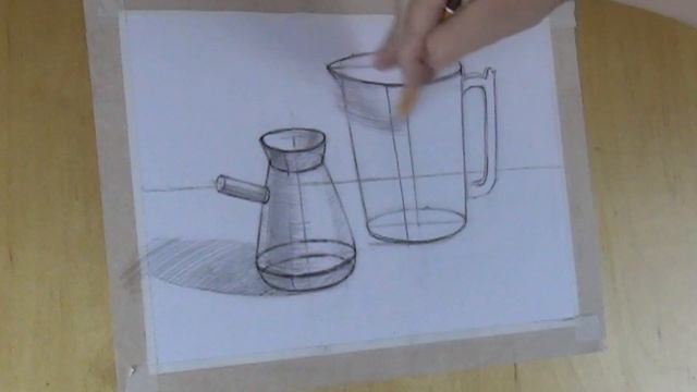 Линейно-конструктивный рисунок натюрморта из двух предметов конической формы. Часть 2