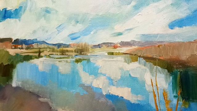 Картина маслом, пишу пейзаж с рекой / Oil painting, draw a landscape with a river смотреть онлайн