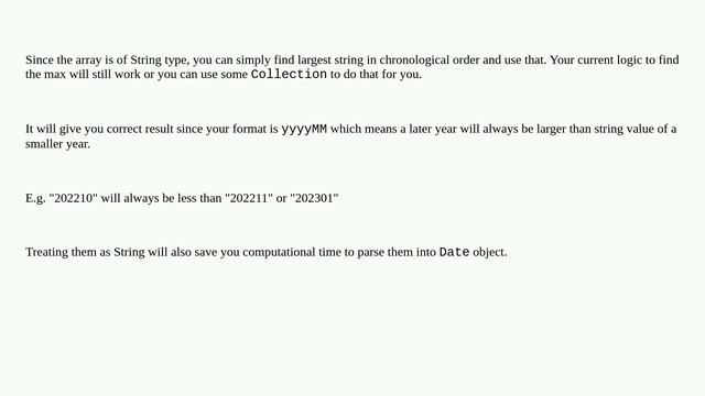 How do I get the maximum date (in YYYYMM format) from an array of dates in java? смотреть онлайн