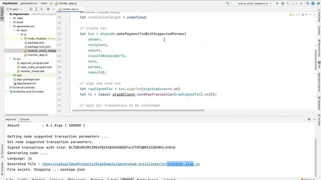 Algorand Transfer Transaction - Client Code Generation (JavaScript) using AlgoDEA