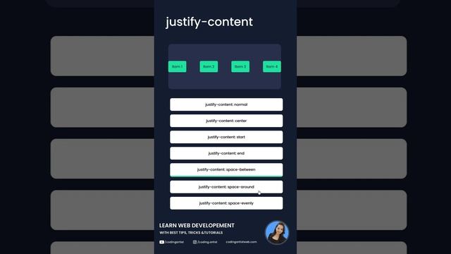 Different values for ‘justify-content’ #coding #htmlcss #code #html #webdevelopment #tutorial #css