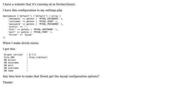 Drupal: Drush can not connect to mysql when run a Drupal in a Docker/Azure смотреть онлайн