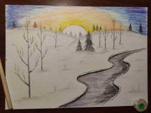 Зимний пейзаж. Работа цветными карандашами