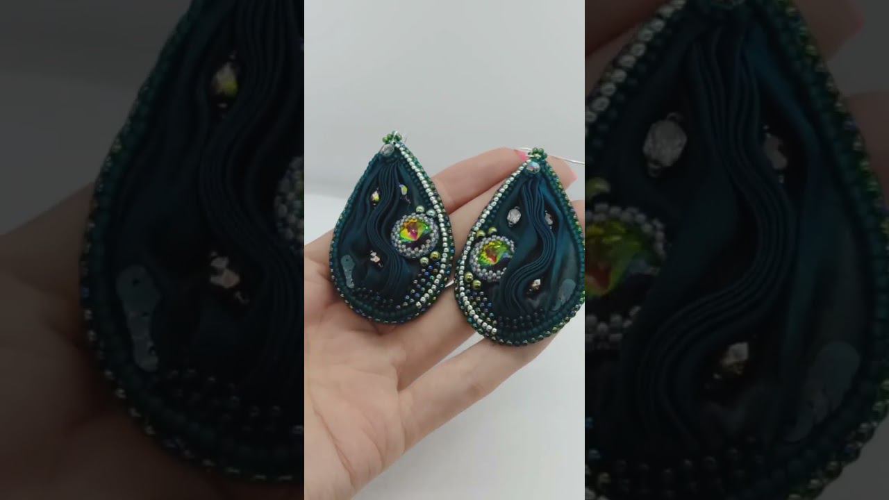Серьги капли Изумрудные с лентой шибори для Татьяны