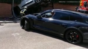 Porsche Taycan Crashed & Scooped Parked Macan to Wall