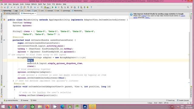 Spinner in Android Studio - Practical