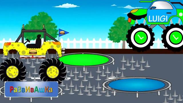 Гонка монстр трак Губки Боба против монстр трака Луиджи. Мультики про машинки смотреть онлайн