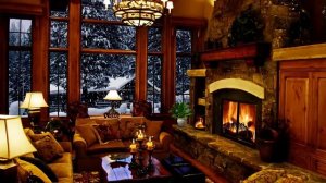 Beautiful cozy home, candles, fireplace and fluffy snow outside /Дом, свечи, камин и снег за окном