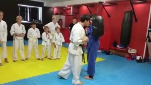 Удар ногой назад с разворота в падении. Освоение.