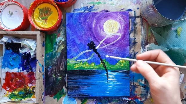 СТРЕКОЗА |Ночной пейзаж?Рисование красками для детей и взрослых