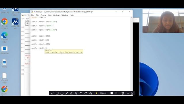 Create a Kaliedo-Spiral pattern in Python. Draw circle using Turtle and repeat. Python for Kids.