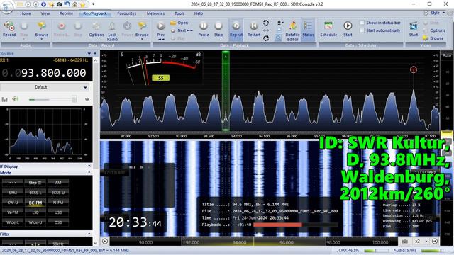 28.06.2024 17:32UTC, [Es], SWR Kultur, Германия, 93.8МГц, 2012км