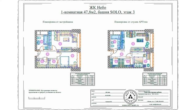 Планировочное решение однокомнатной квартиры площадью 47,8  кв.м в ЖК «Небо»