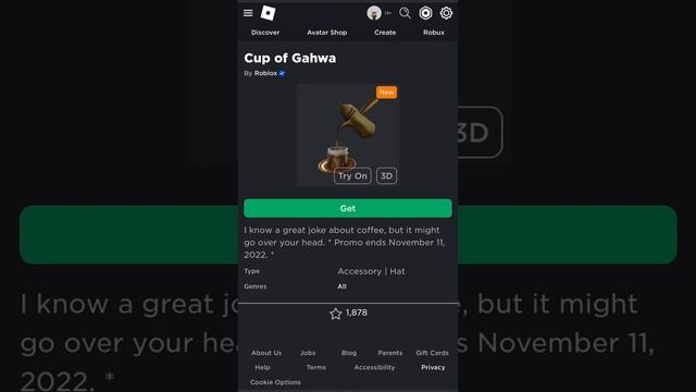 New Roblox Avatar Shop Item! Cup of Gahwa