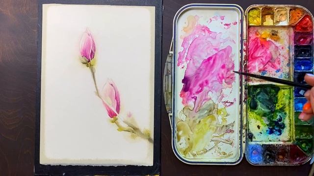как нарисовать магнолию акварелью / весенние цветы акварелью / рисование акварелью бесплатный мк