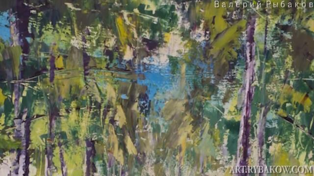 Березовая дорога вдоль озера - солнечный пейзаж - картина маслом - купить картины смотреть онлайн