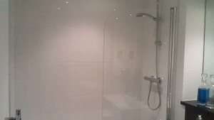 Our New Bathroom 9.0 - mirror, bath screen, Roca Diverta basin The Gap WC Star Galaxy granite shelf