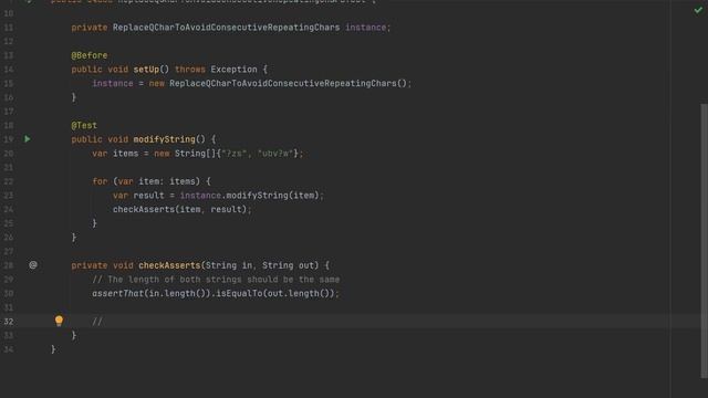 Замена всех '?' в строке, избегая повторяющихся последовательных символов (leetcode) смотреть онлайн