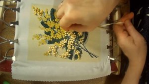 Веточка мимозы. Вышивка атласными лентами.