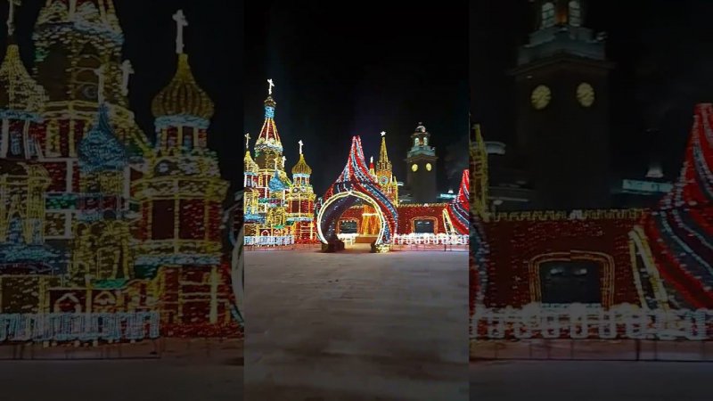 Световая инсталляция Храма Василия Блаженного с православными крестами