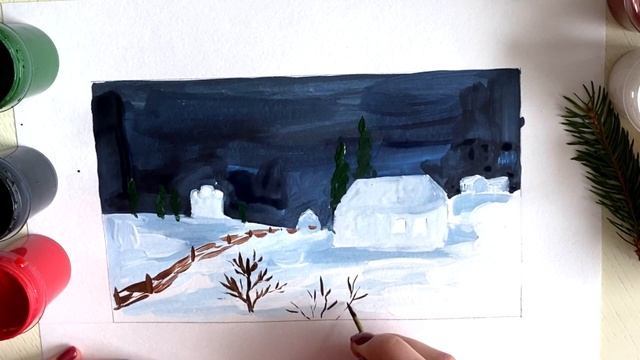 ДИКАНЬКА ПЕРЕД РОЖДЕСТВОМ | Деревенские домики, месяц, ночь и снег | Рисуем зиму гуашью смотреть онлайн