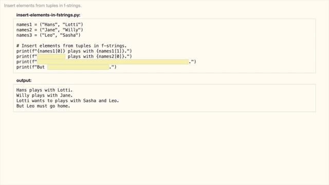 Insert elements in f-stings - Python Exercise for beginners